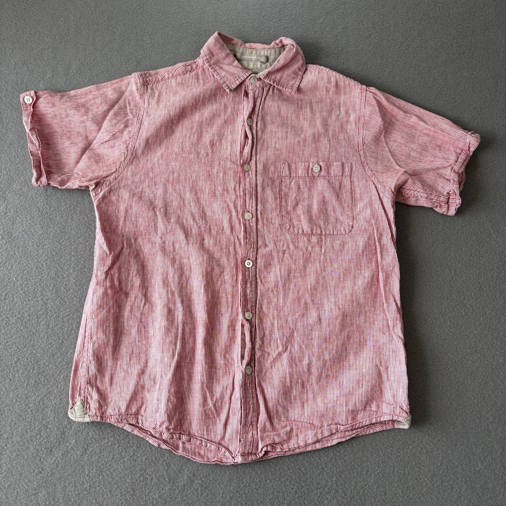 BRUNO NY Washable Linen Shirt Mens S Red Short Sleeve Button Up Striped Light